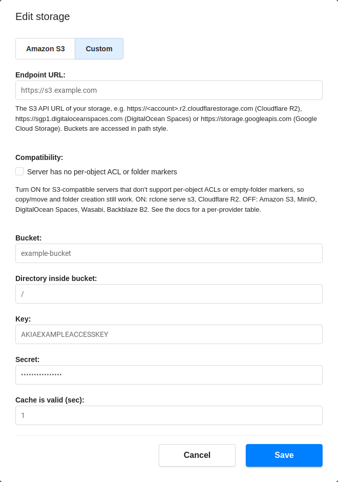 Connecting an S3-compatible storage with a custom endpoint URL