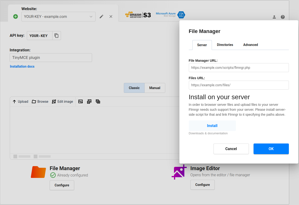 TinyMCE file manager control panel