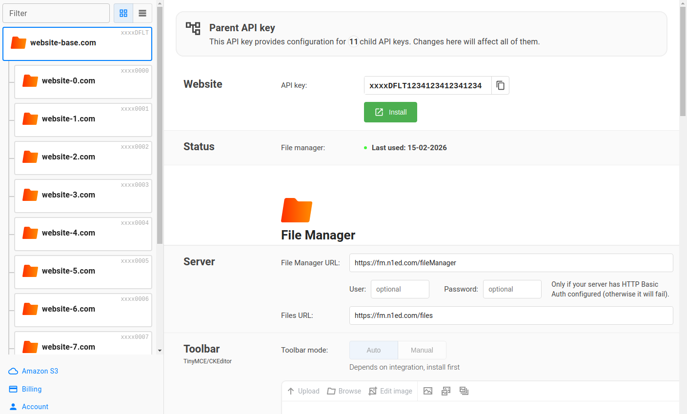 Dashboard with parent and children API keys